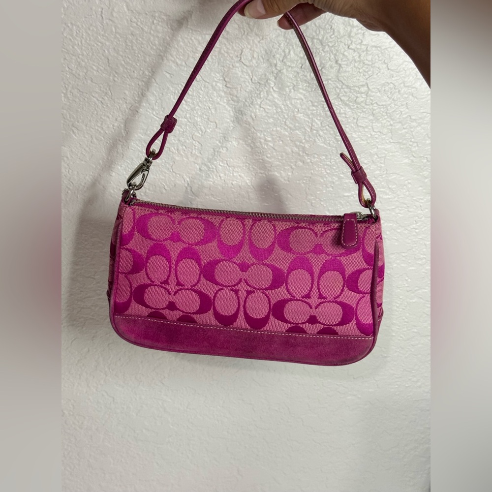 Coach HOT PINK Signature Logo Demi Hamptons Baguette Mini Bag Canvas Leather Y2K - Picture 2 of 12